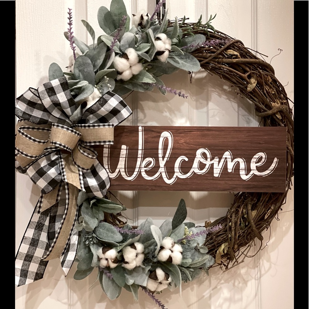 WREATH Grapevine “Welcome” wreath Farmhouse Chic B&W Buffalo plaid, gray green